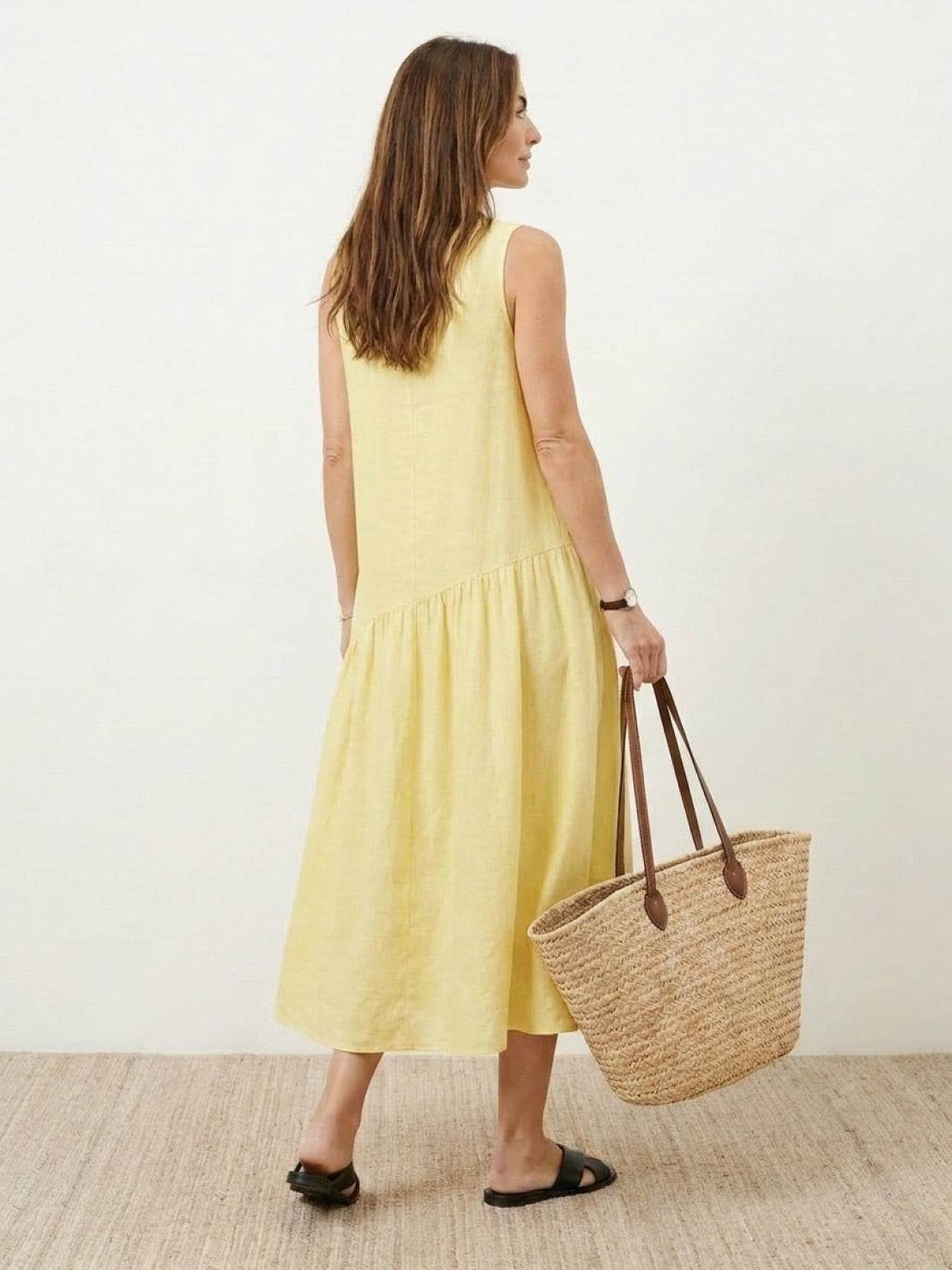 Lightweight 100% cotton-linen summer midi dress with a tiered skirt and relaxed fit in soft natural fabric