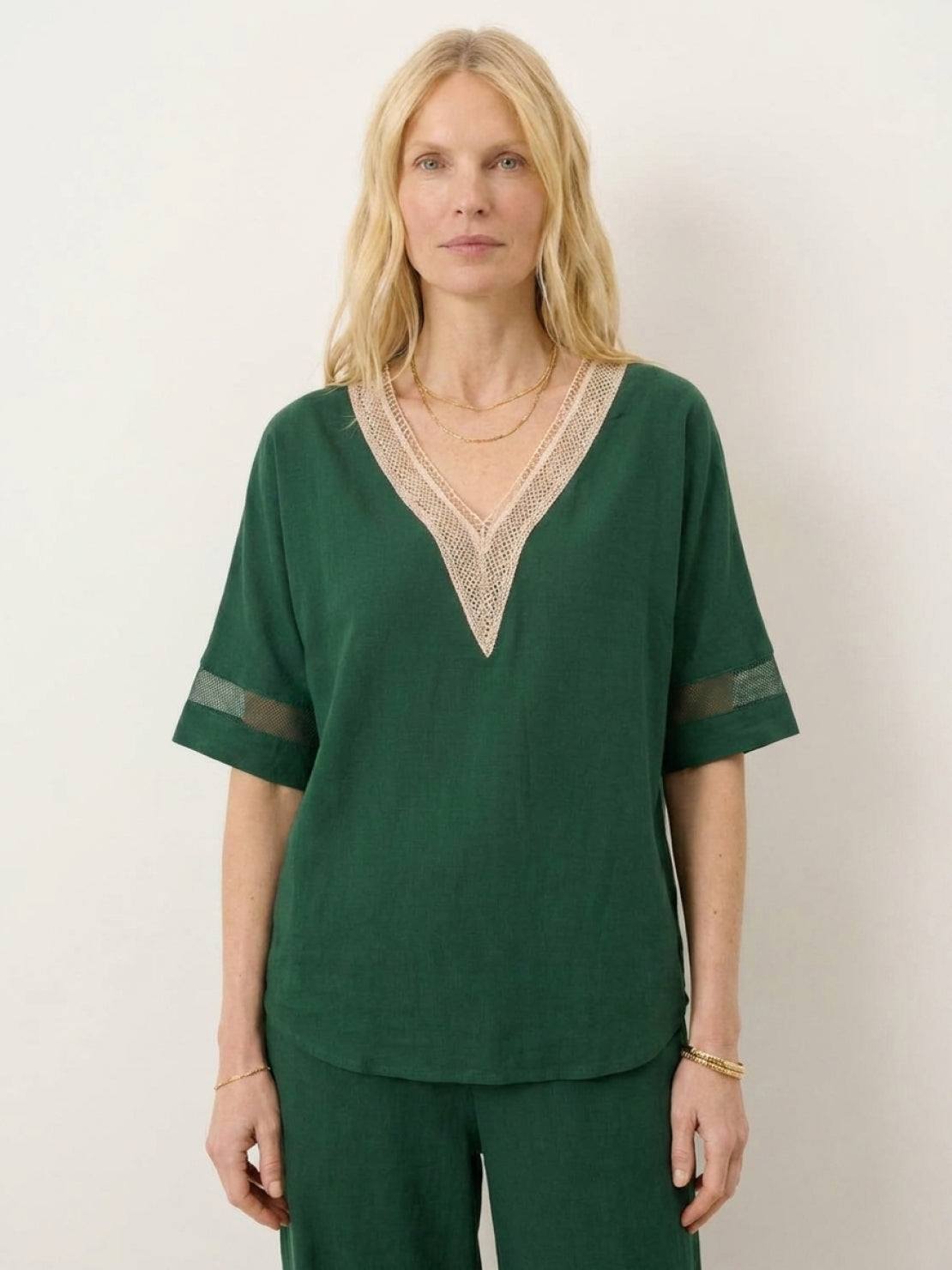 mature woman wearing lightweight linen top with V-neck and button detail in relaxed boxy shape