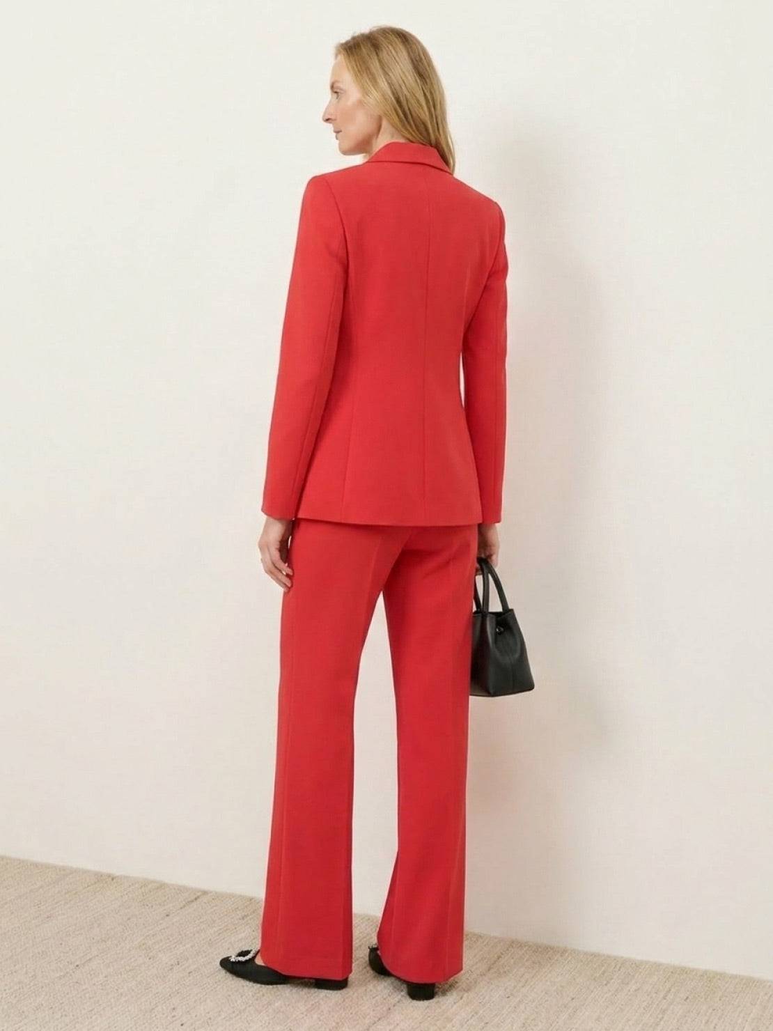 Double-breasted blazer with gold buttons and wide-leg trousers co-ord set in structured suiting fabric