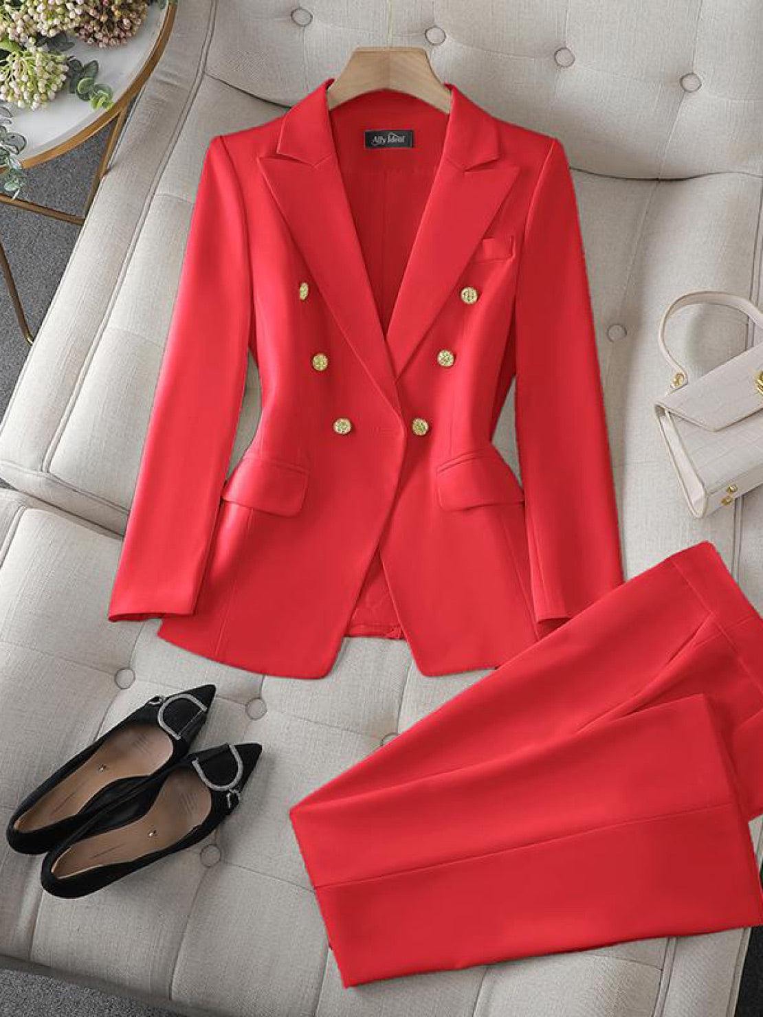Structured double-breasted blazer with gold lion-head buttons and wide-leg trousers co-ord set