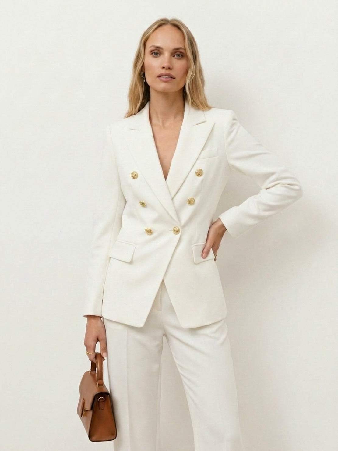 Double-breasted blazer with gold buttons and wide-leg trousers co-ord set for polished work or event wear