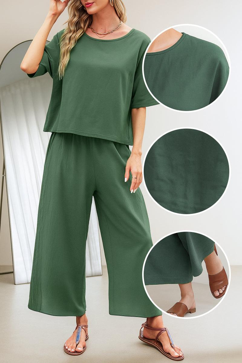 Breezy Meadow Two-Piece Set lightweight relaxed fit matching top and wide-leg trousers