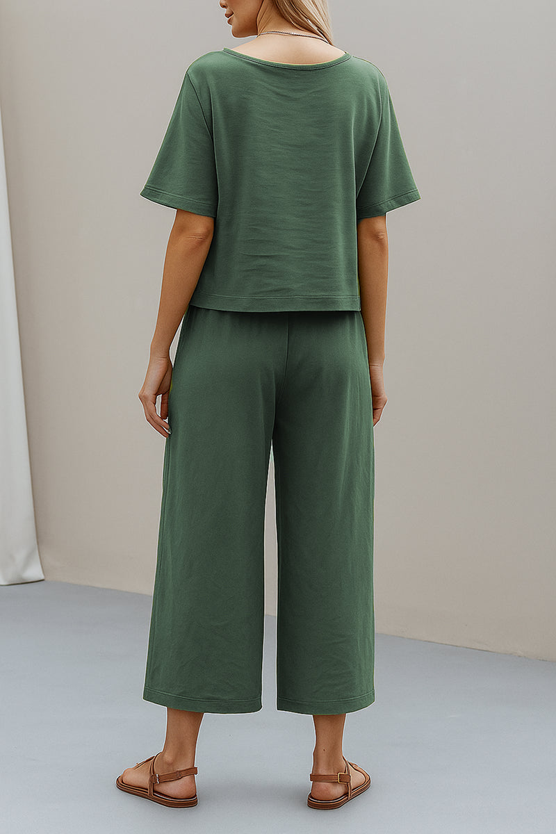 Lightweight breezy meadow two-piece set with soft-tailored short sleeve top and wide-leg trousers