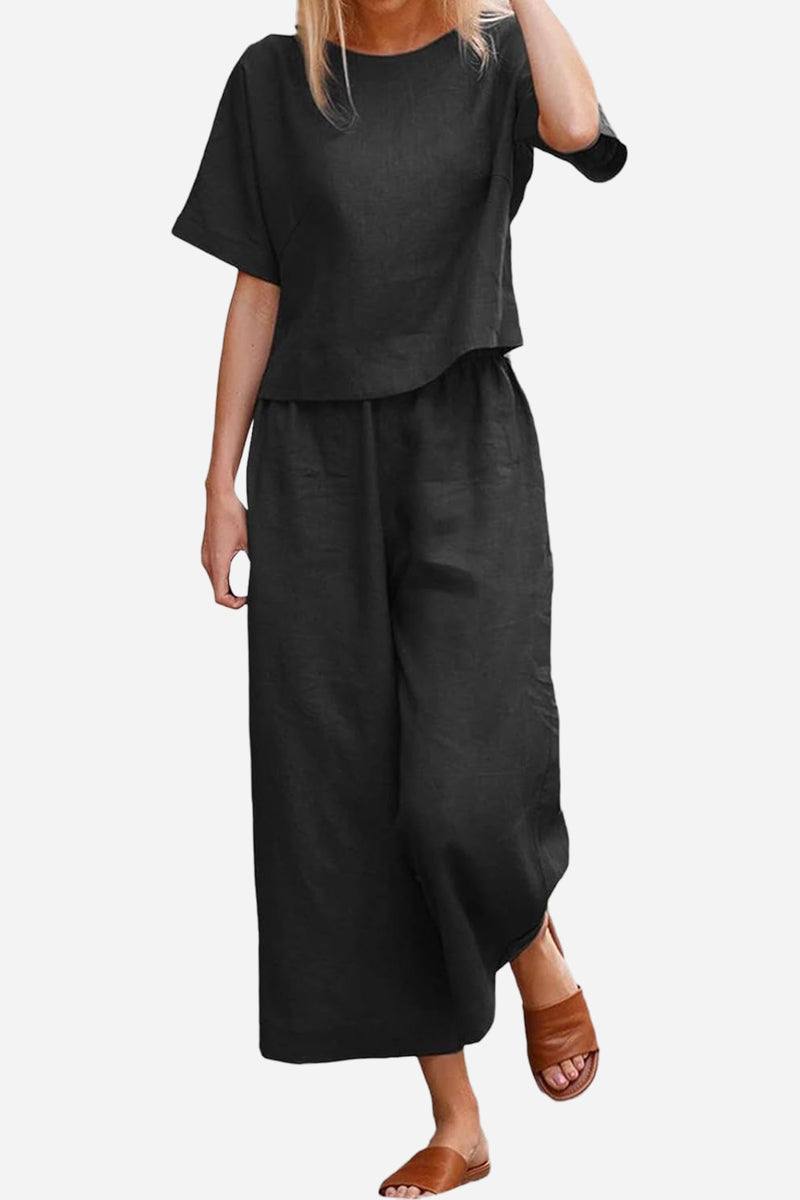 Women wearing Breezy Meadow Two-Piece Set with relaxed-fit top and wide-leg trousers in lightweight fabric