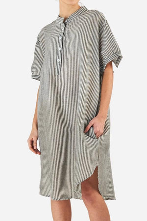 Striped linen blend midi shirt dress with short sleeves and button fastening