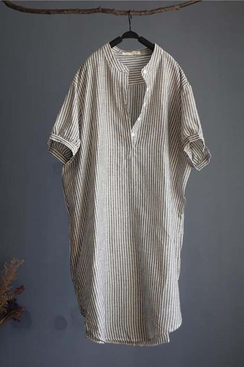 Striped Linen Blend Gauze Shirt Dress
