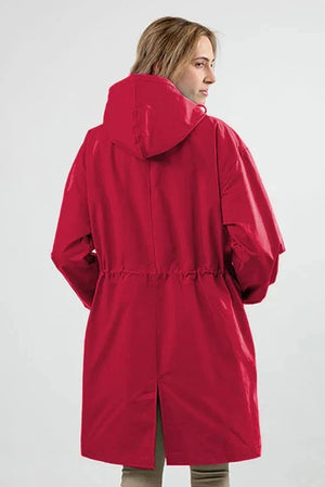 red water-resistant windbreaker jacket with oversized hooded design and adjustable waist on model back view
