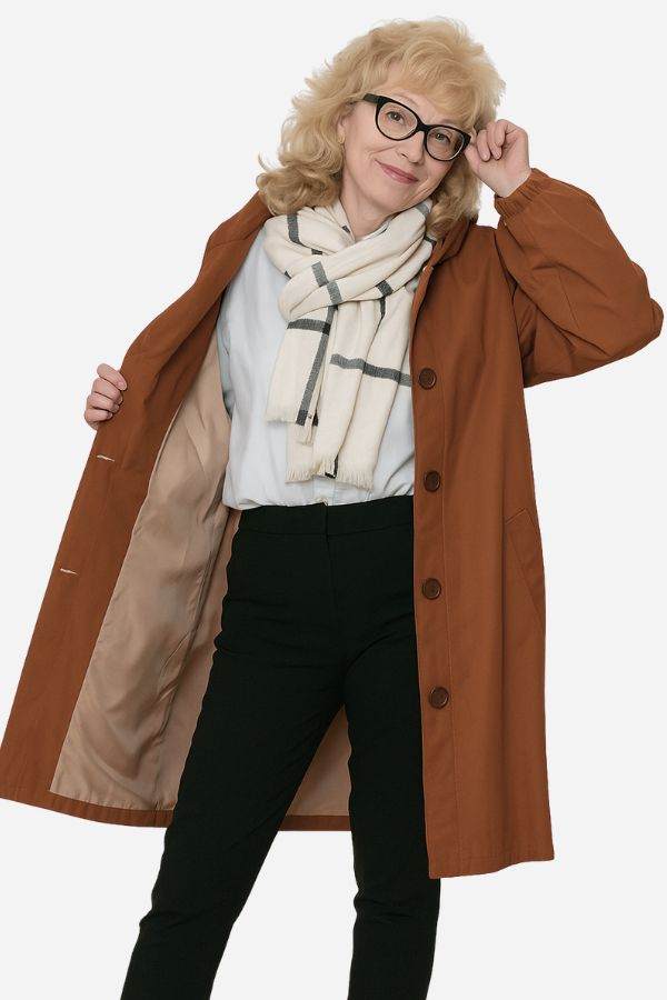 Woman wearing brown water-resistant oversized windbreaker with scarf and glasses