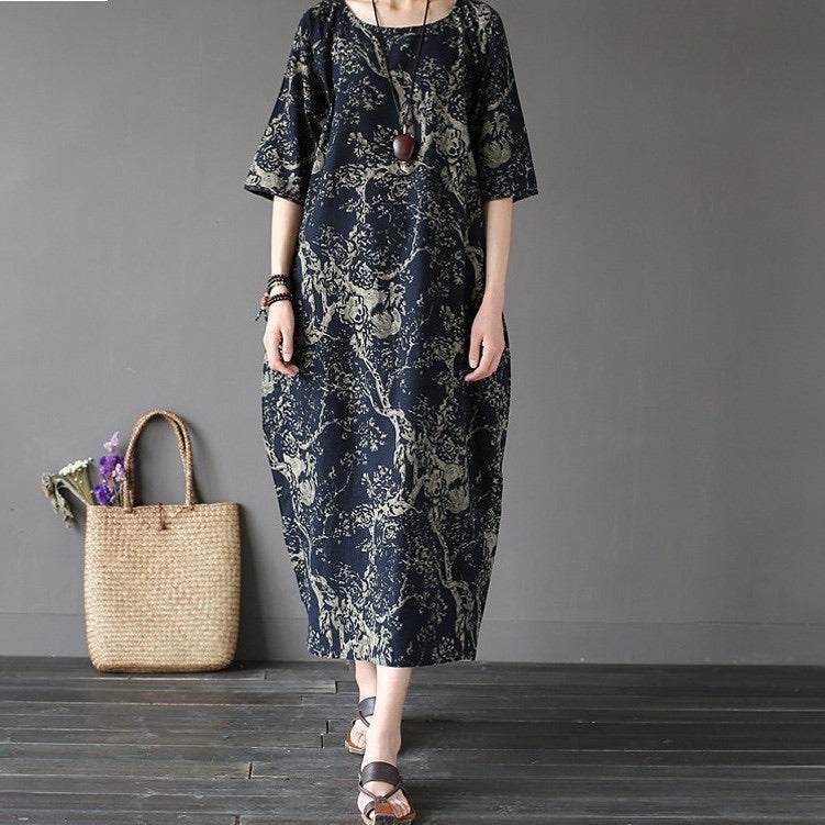 Blue Japanese porcelain print midi dress with 3/4 sleeves and front pockets