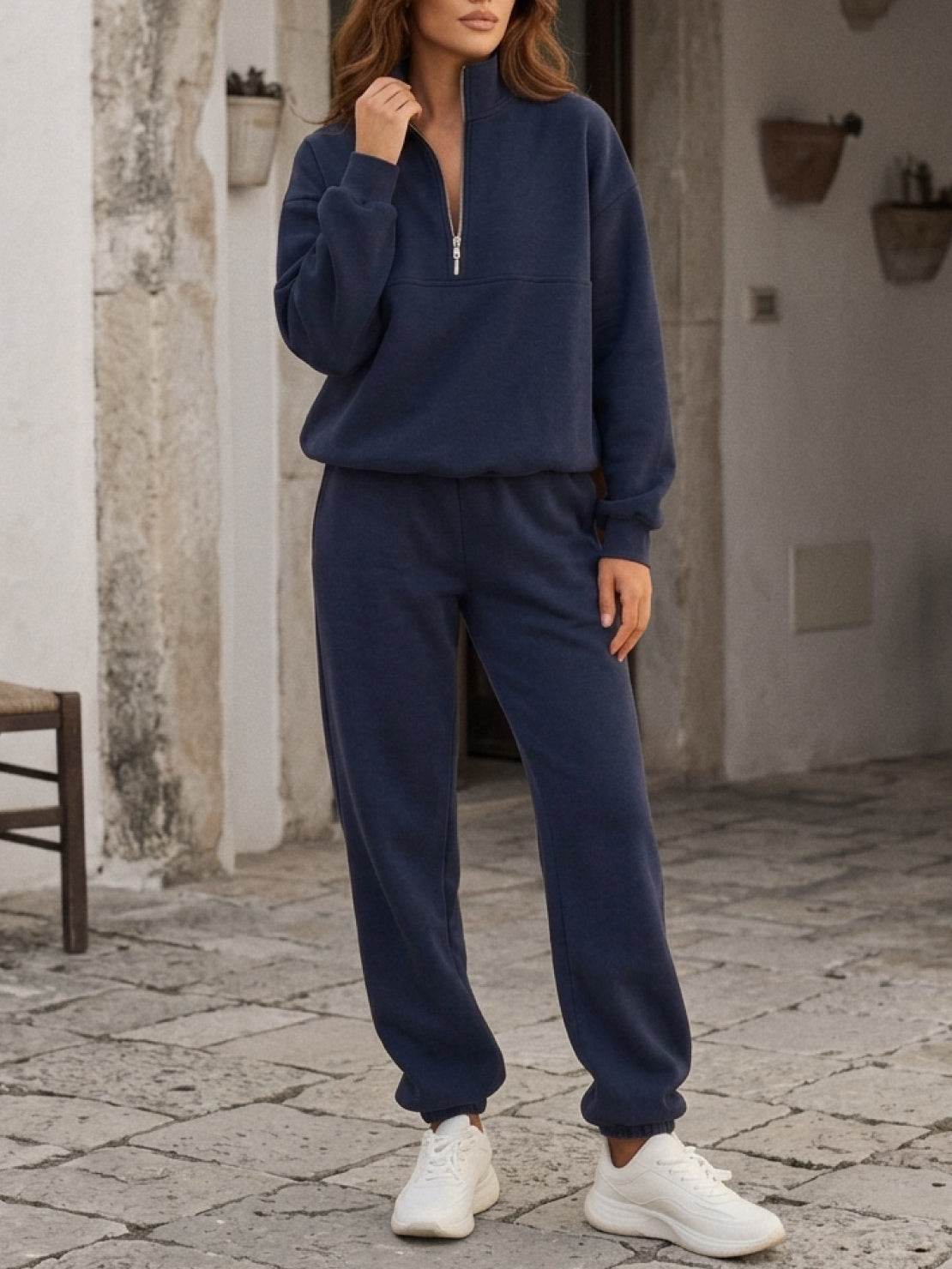 cotton-blended two-piece tracksuit with zip-front top and straight-leg pants