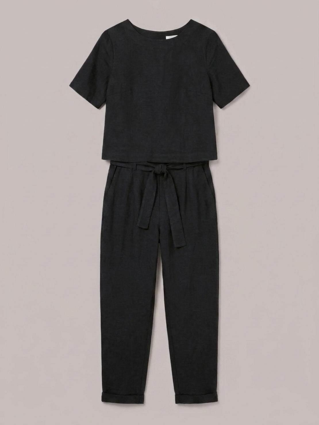 Woman wearing relaxed fit 100% cotton linen monochrome co-ord set with short-sleeve top and straight-leg pants