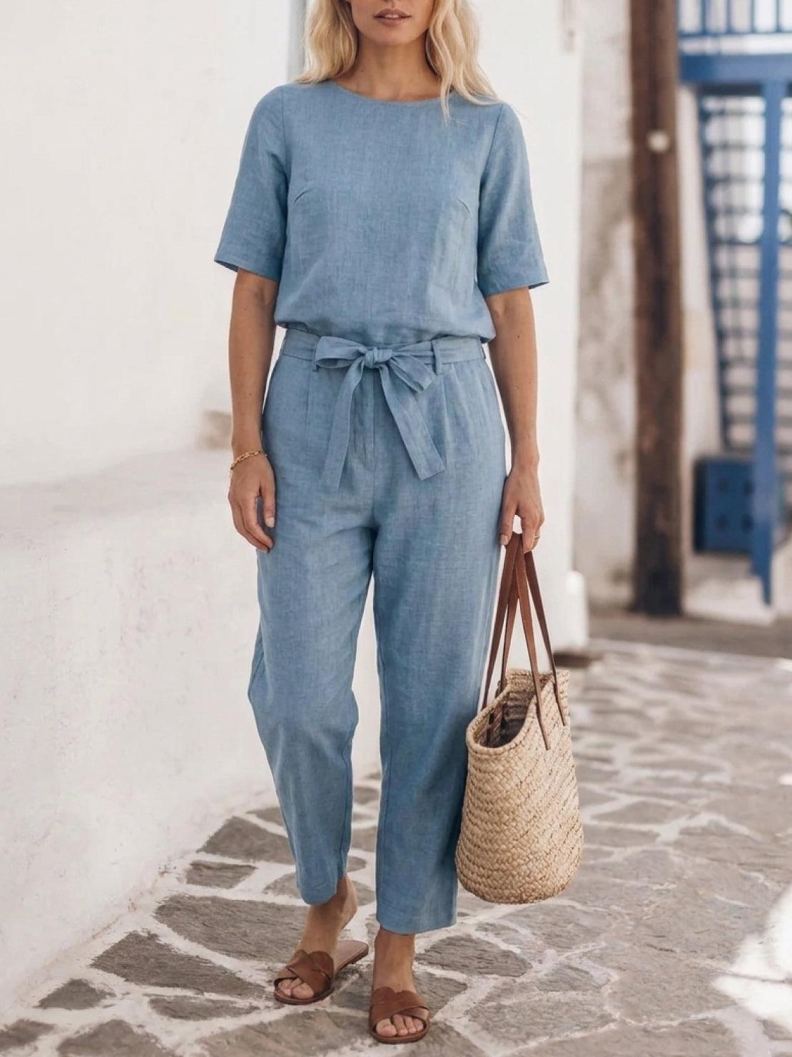 Breathable cotton linen set with relaxed short-sleeve top and straight-leg pants in monochrome tones