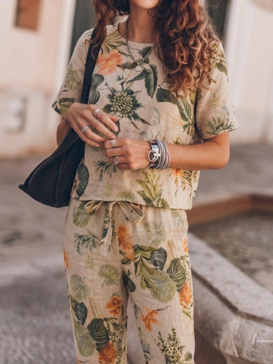 woman wearing relaxed cotton linen set with short-sleeve top and straight-leg pants in monochrome tones