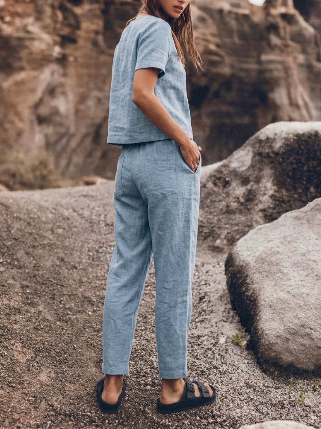 woman wearing breathable cotton linen set monochrome two-piece outfit