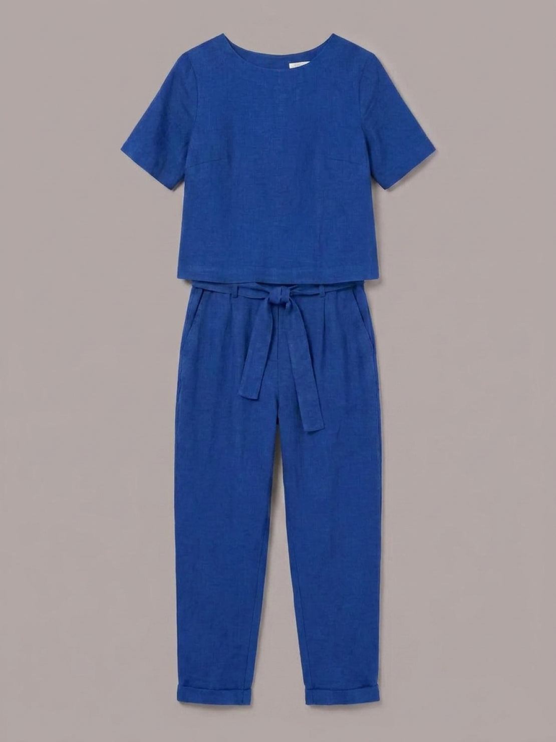 woman wearing relaxed cotton linen set with monochrome top and pants