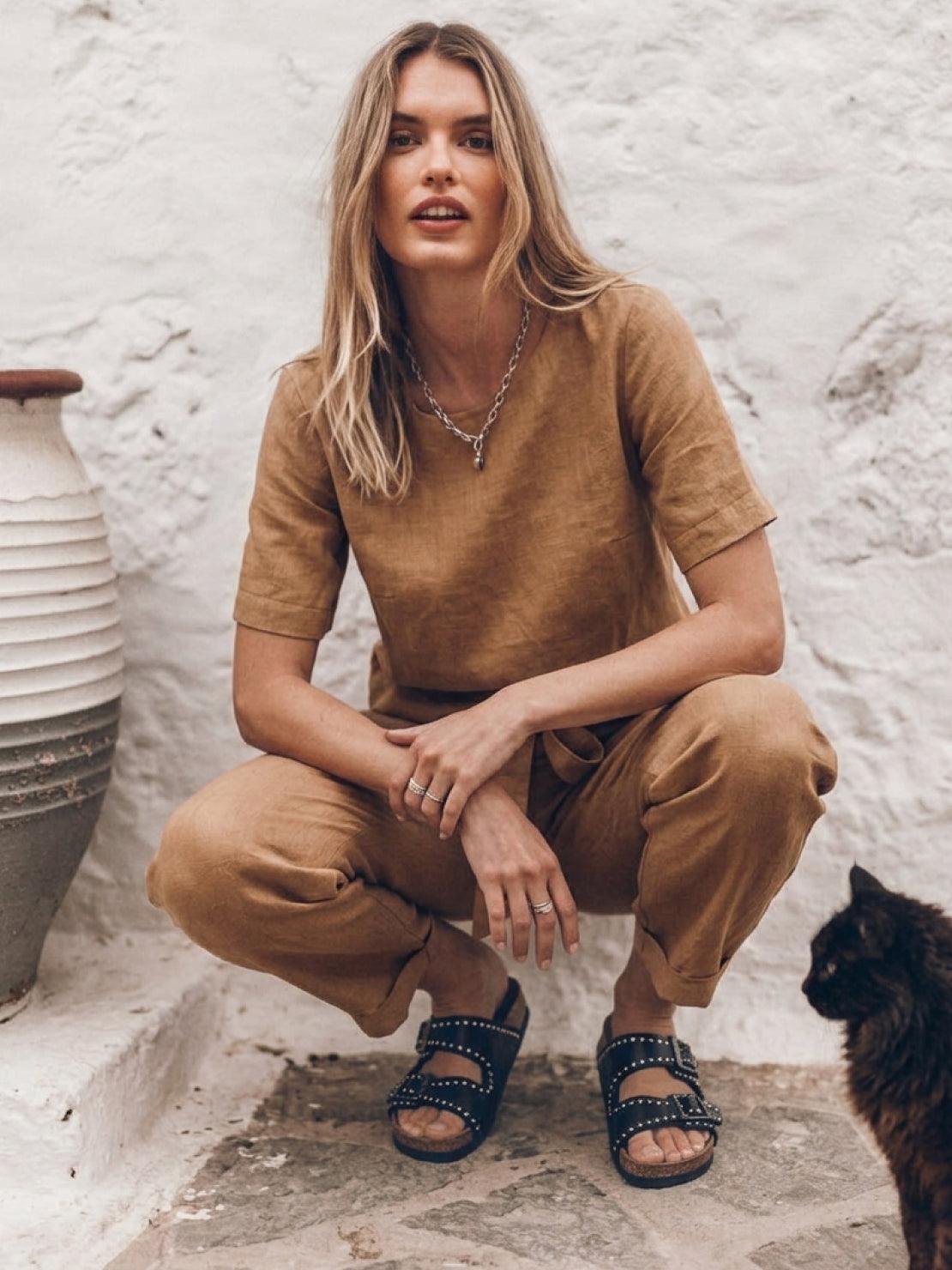 woman wearing 100% cotton linen set monochrome two-piece outfit