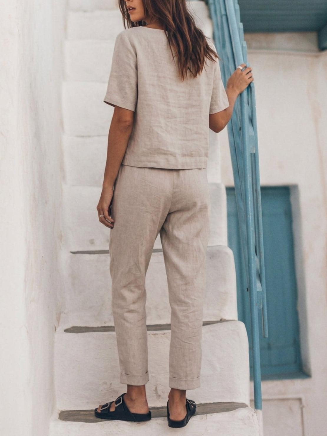 breathable cotton linen set with relaxed short-sleeve top and straight-leg pants in monochrome tones