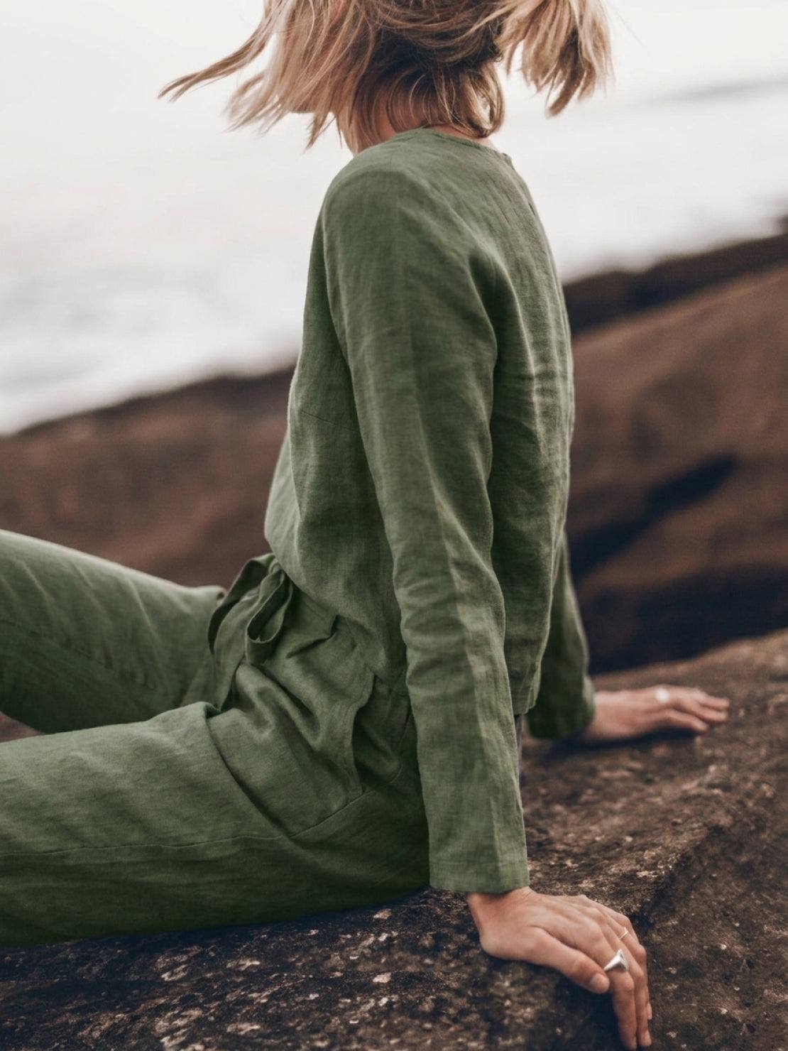 Woman wearing cotton-linen monochrome relaxed longline top and wide-leg pants set