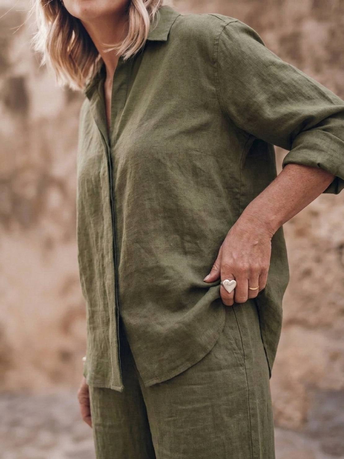 Model wearing oversized 100% cotton shirt and wide-leg pants co-ord set in relaxed, breathable design