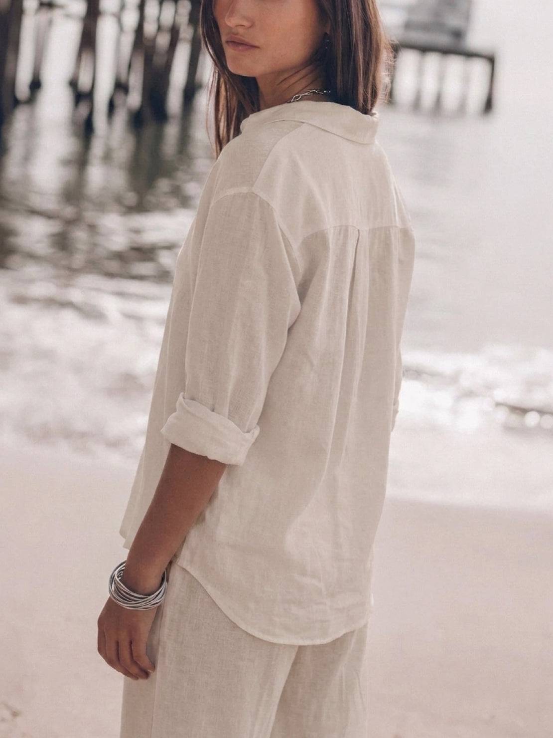 Woman wearing oversized 100% cotton shirt and wide-leg pants co-ord set in relaxed fit