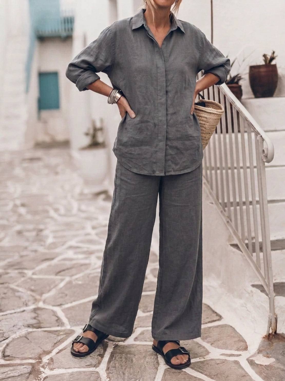 Woman wearing oversized 100% cotton shirt and wide-leg pants co-ord set in relaxed fit