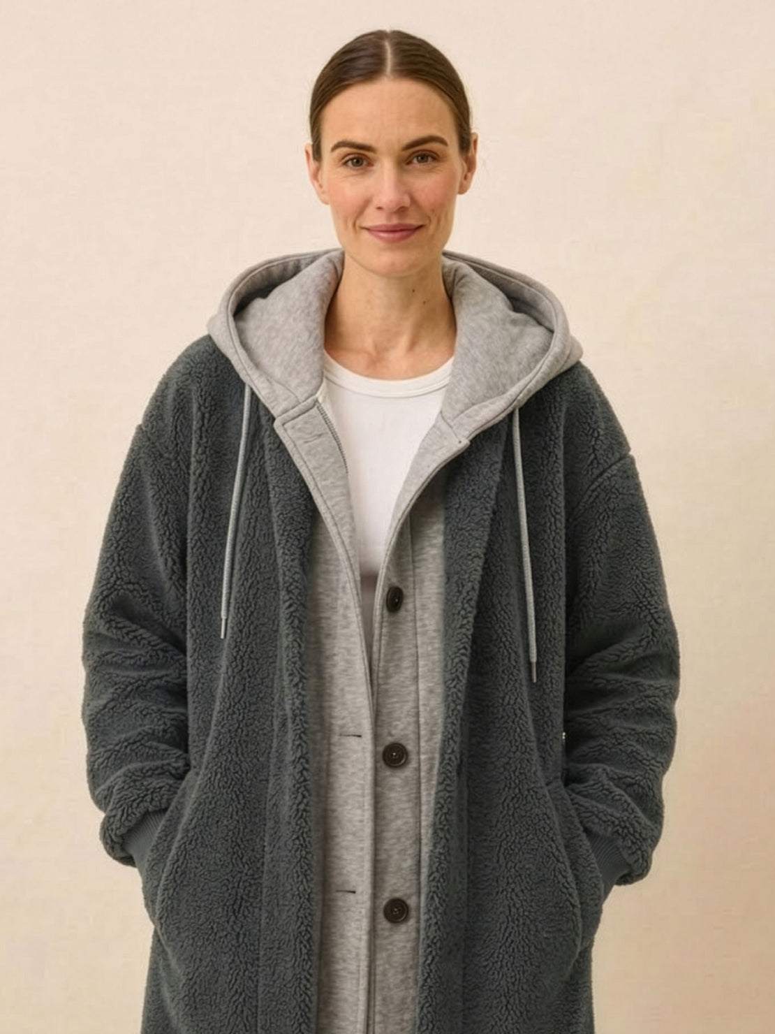 woman wearing gray everyday wear oversized sherpa long coat with cozy lining and relaxed fit