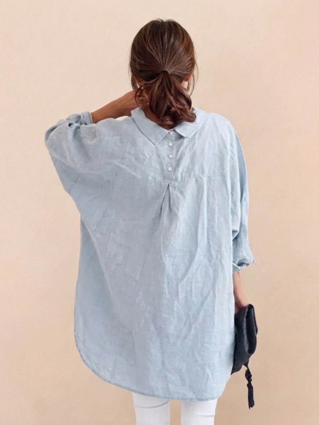 Oversized linen shirt in soft cotton-linen blend with relaxed fit and gathered back pleats