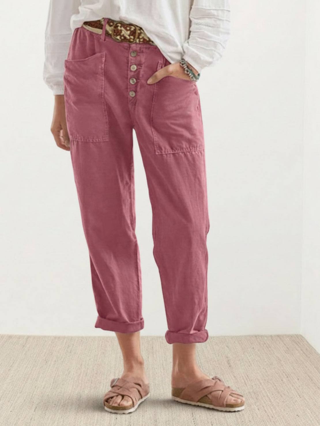 Casual button-down utility-chic trousers with deep pockets and rolled cuffs in durable soft fabric