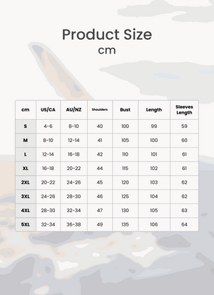 Oversized long zip sweatshirt hoodie size chart with measurements in cm for shoulders, bust, length, and sleeves