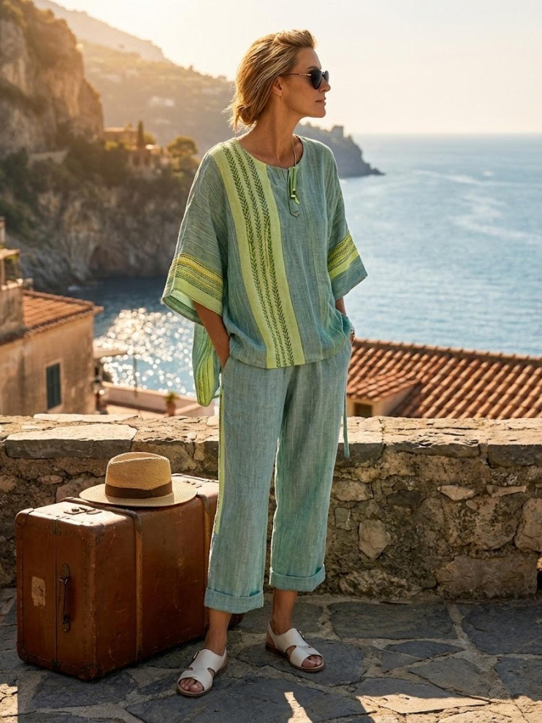 Coastal Comfort Linen elegant two-piece set with lace details and breathable fabric