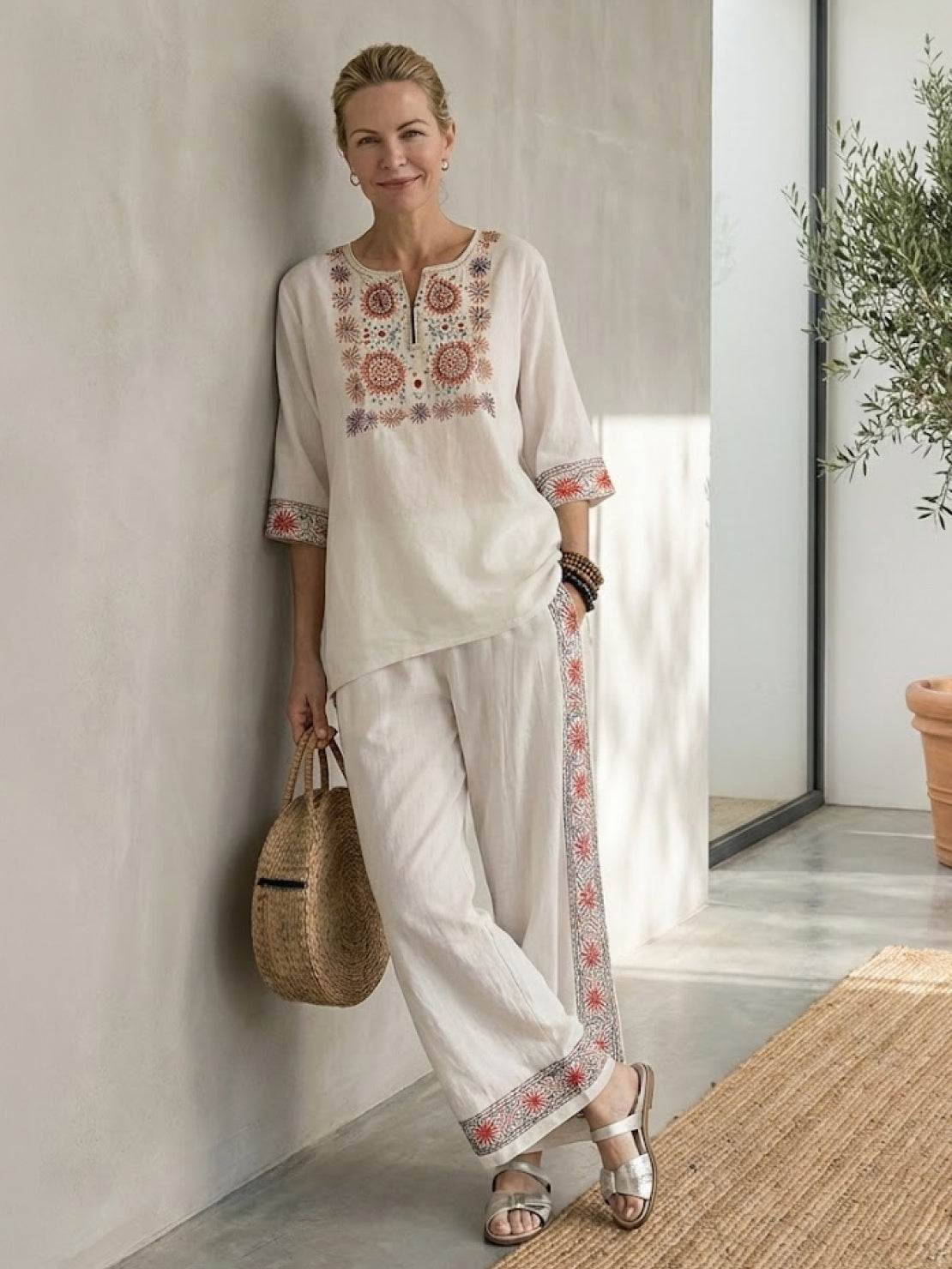 Coastal Comfort Linen two-piece set with artisan crochet and breathable fabric