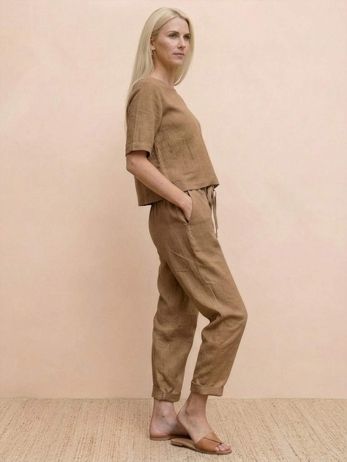 Cotton-linen blend monochrome two-piece set with relaxed fit and breathable fabric