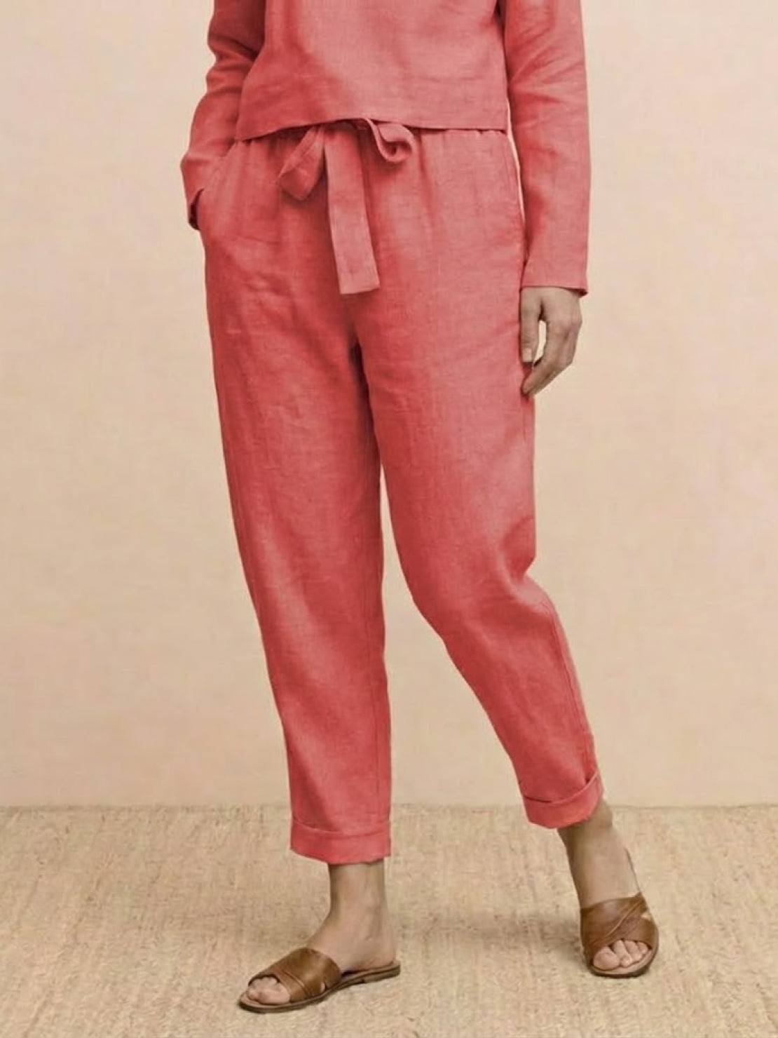 Cotton-linen monochrome longline top and wide-leg pants set