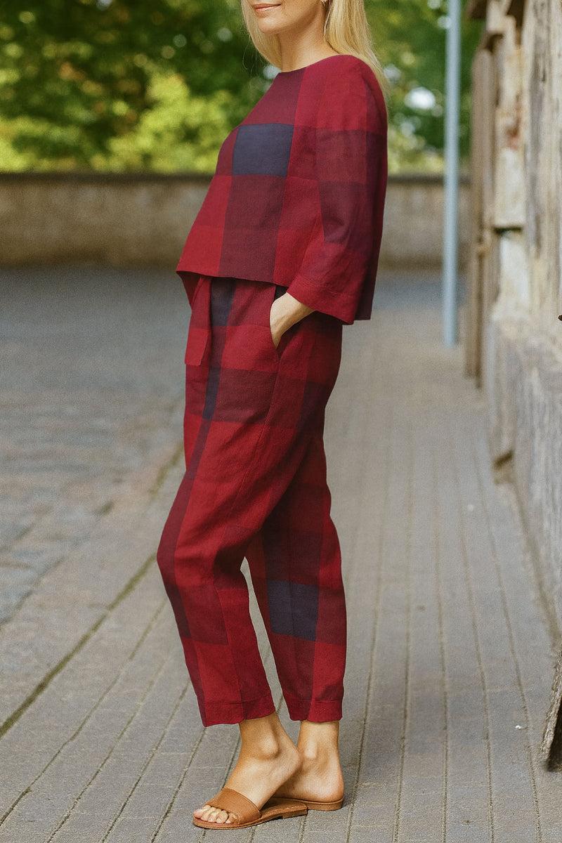 woman wearing relaxed cotton-linen monochrome checkered top and wide-leg pants set with sandals outdoors