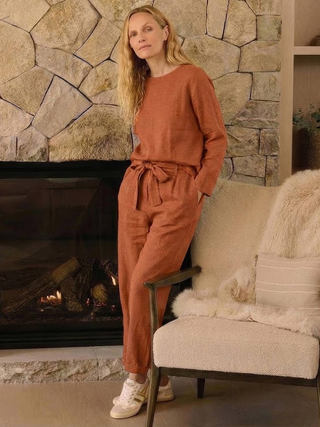 Cotton-linen monochrome longline top and wide-leg pants set in relaxed fit