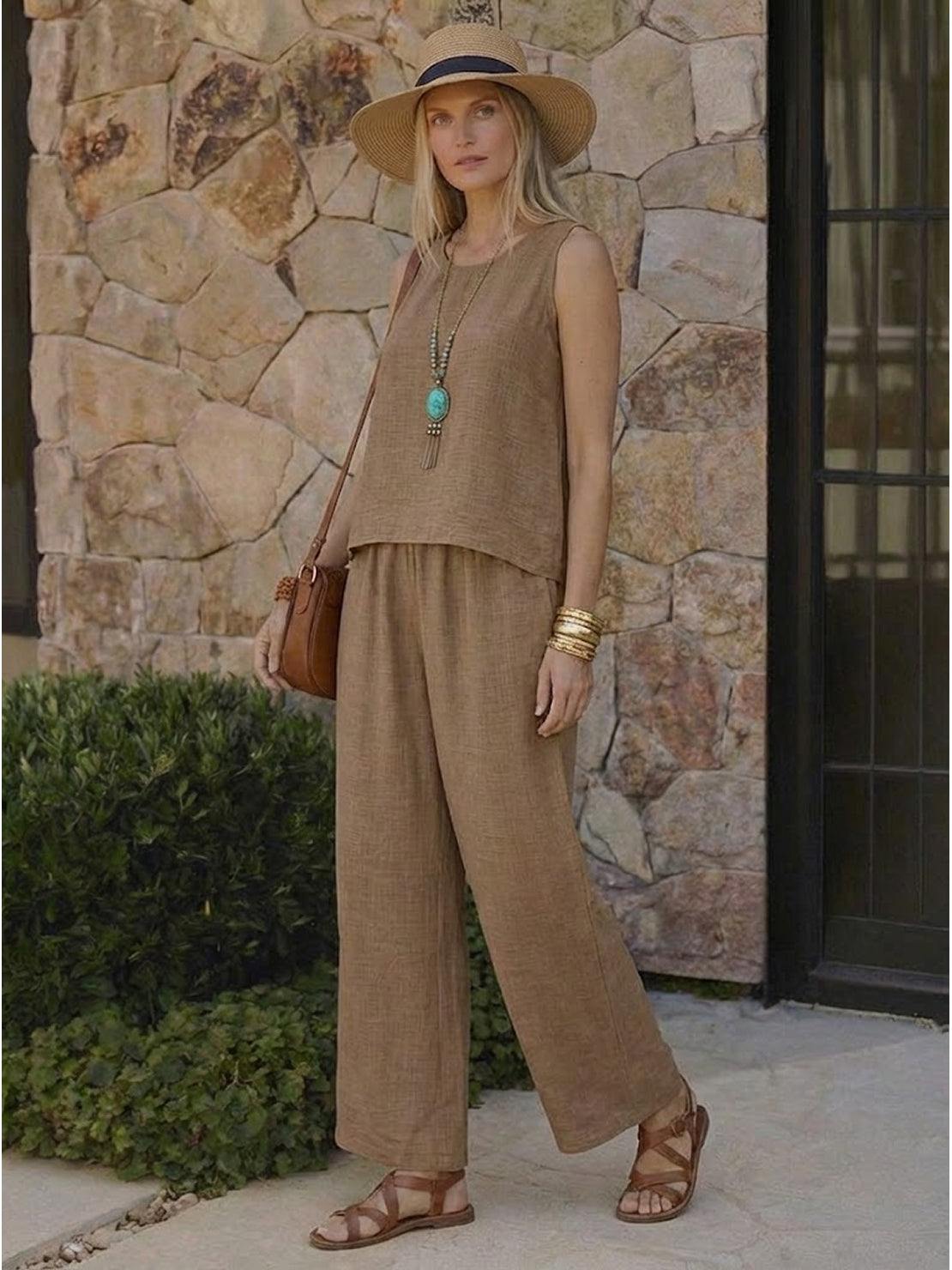 Dreamcatcher Crochet-Back two-piece set with sleeveless crochet mandala top and wide-leg palazzo pants in linen-look fabric