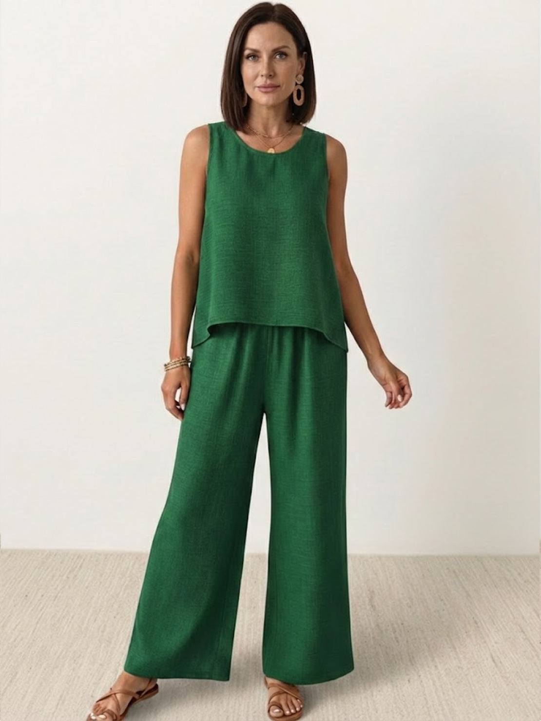 Dreamcatcher Crochet-Back two-piece set with crochet mandala back top and wide-leg palazzo pants in linen-look fabric