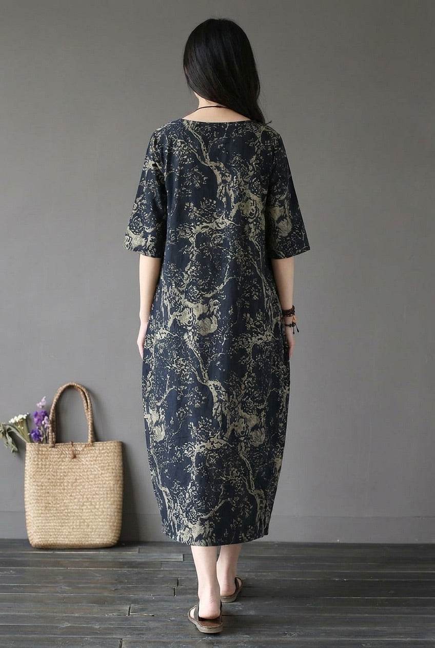 Blue Japanese porcelain print midi dress with 3/4 sleeves and oversized pockets
