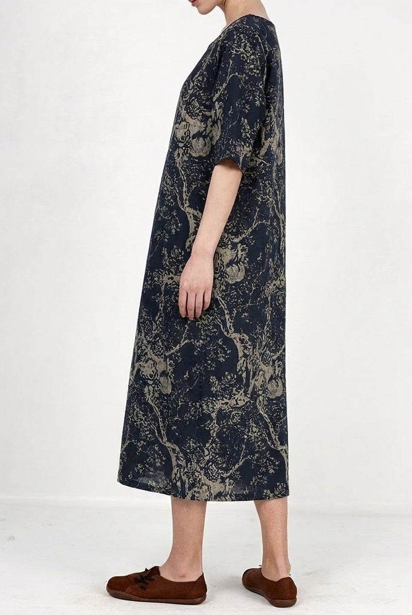 Blue Japanese porcelain print midi dress with 3/4 sleeves and oversized pockets