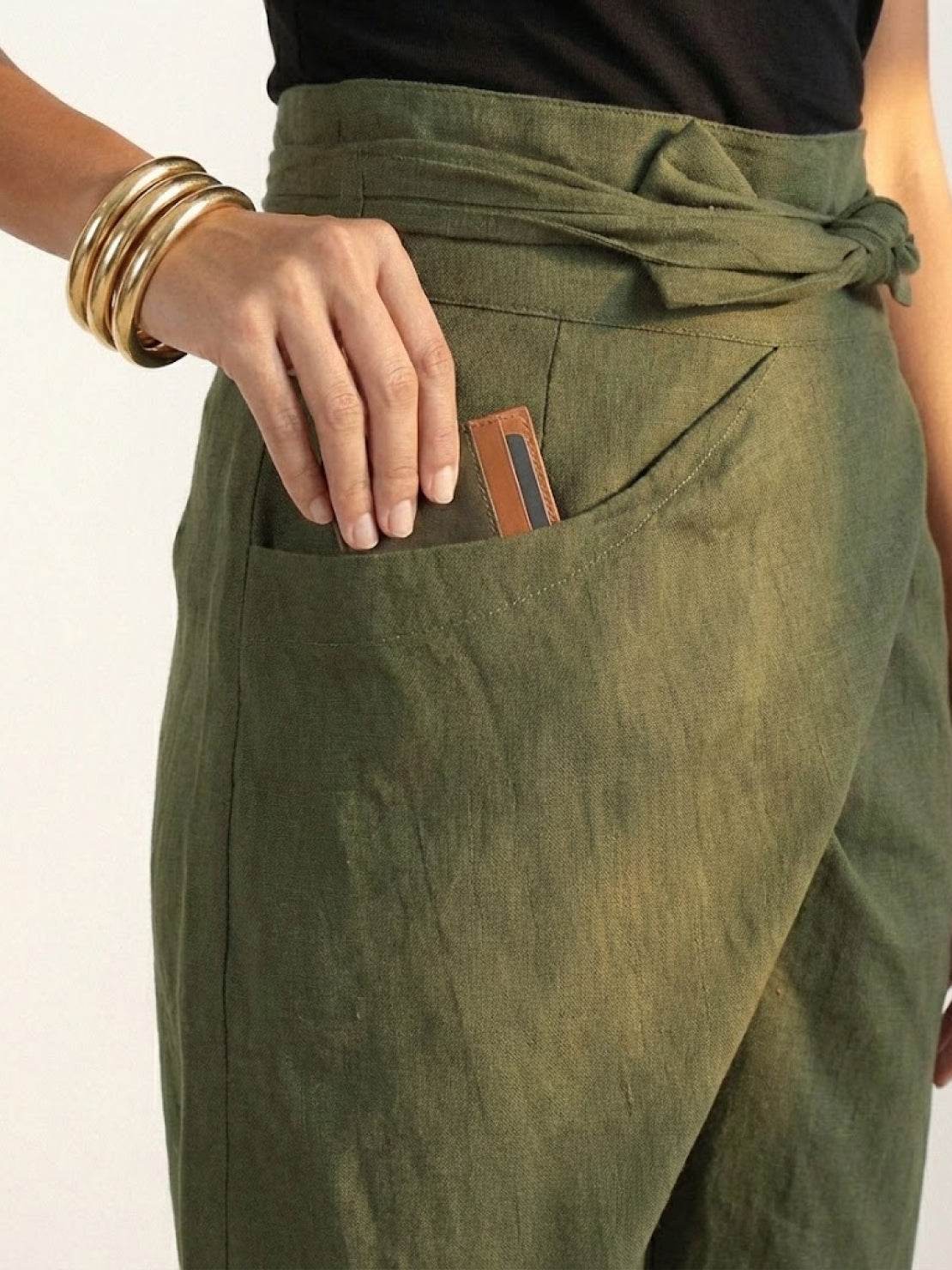 Woman wearing stylish high-waist wrapped comfy pants in casual setting