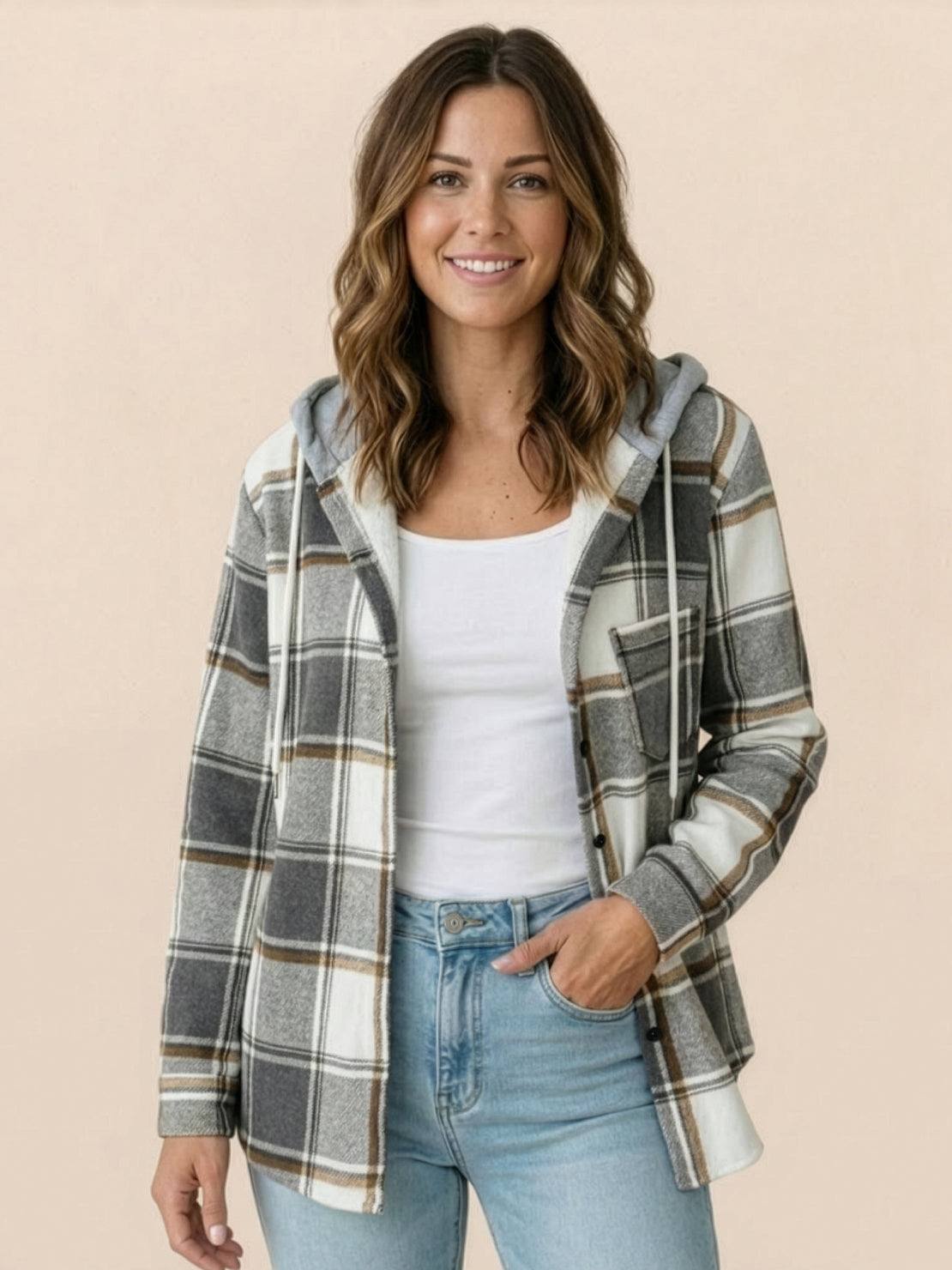 Highland Plaid Shacket with hood, soft fleece lining, button-front, and front pockets in classic plaid pattern