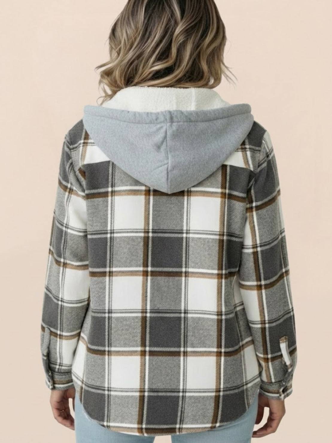 Highland Plaid Shacket with soft fleece lining, relaxed fit, attached hood, and button-front closure in classic plaid pattern