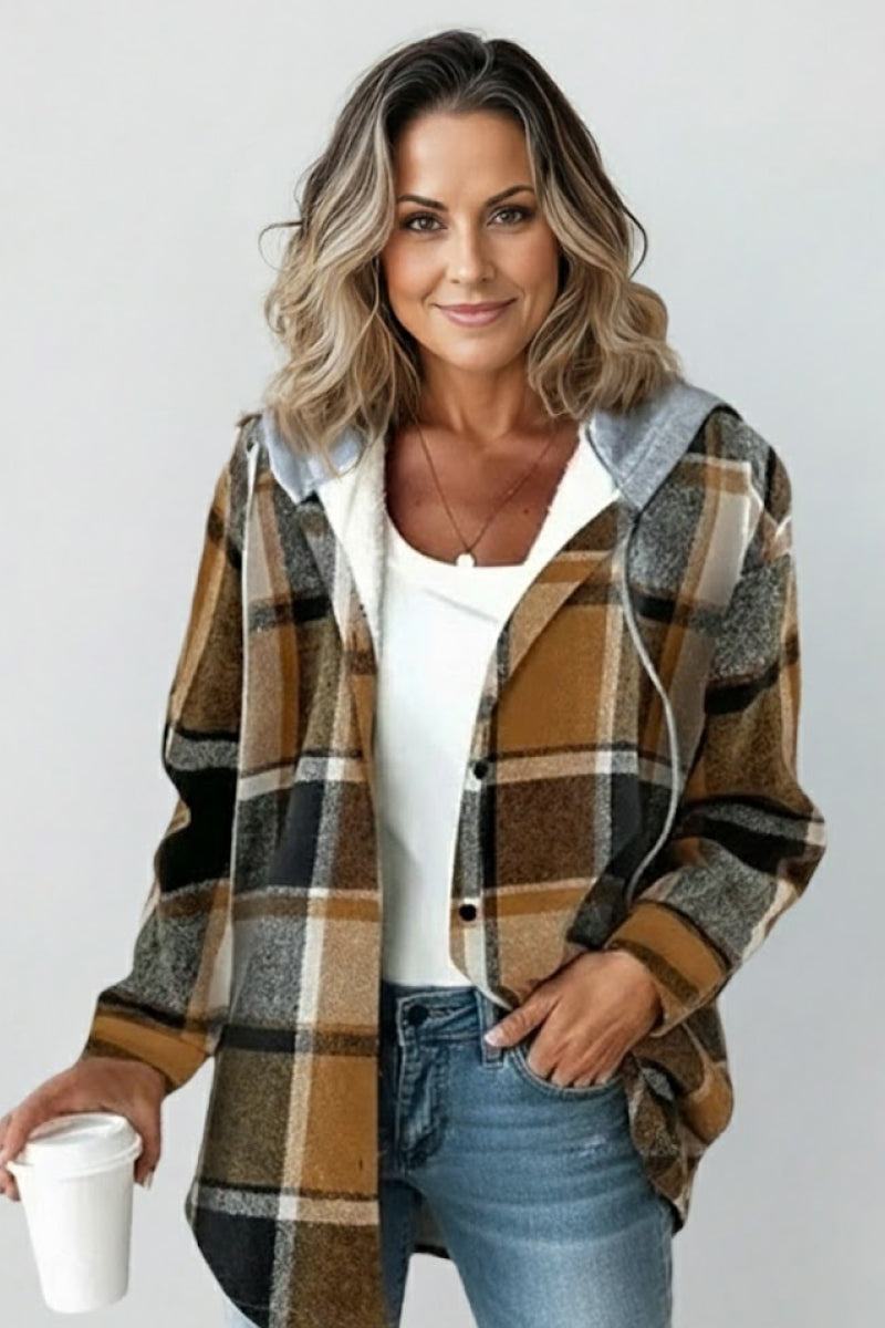 Highland Plaid Shacket women's relaxed fleece-lined plaid shirt jacket with hood and button front closure