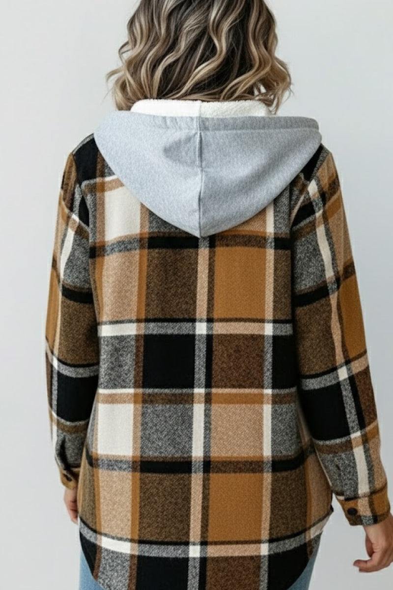 Highland Plaid Shacket with tan, black, and white plaid pattern and attached gray hood viewed from back