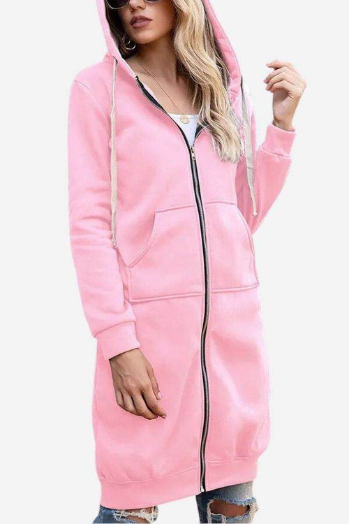 Women's oversized long zip sweatshirt hoodie in pink with front pockets and drawstring hood