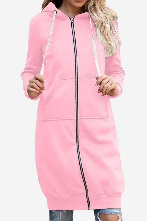 Pink oversized long zip sweatshirt hoodie with front pockets and drawstring hood