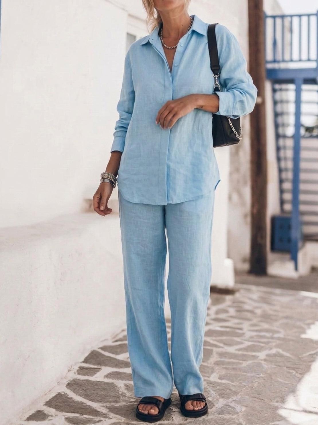 Model wearing an oversized 100% cotton shirt and wide-leg pants co-ord set in a relaxed, breathable fit