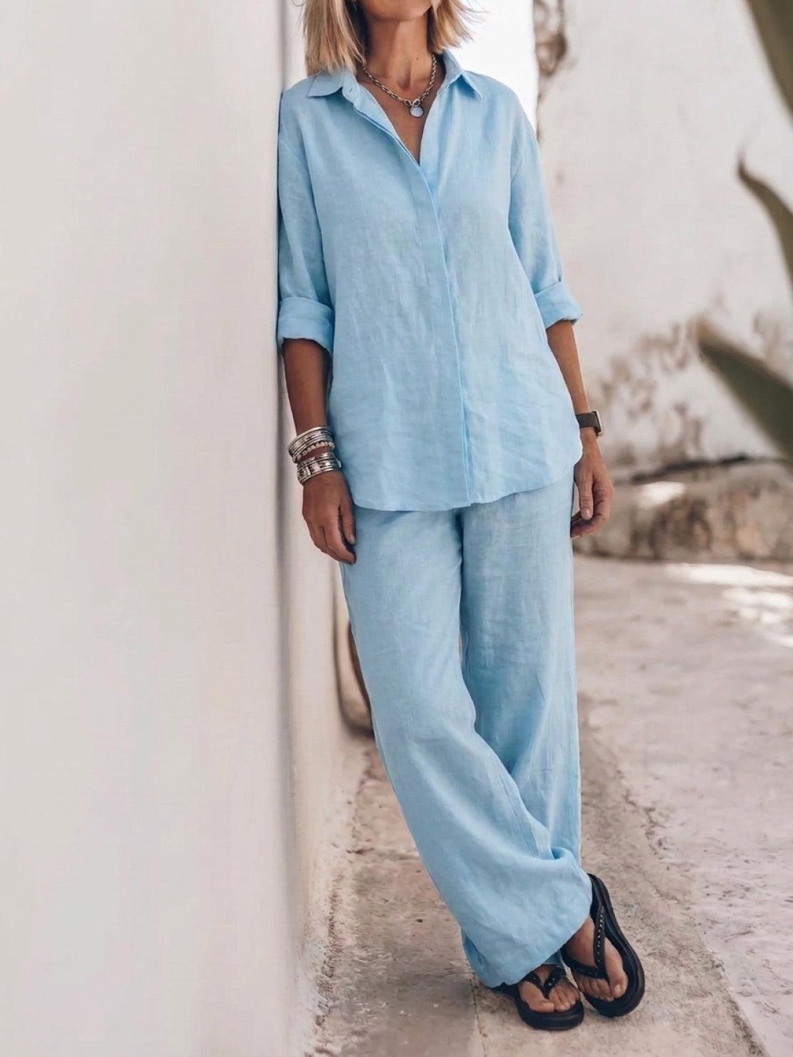 Woman wearing oversized 100% cotton shirt and wide-leg pants co-ord set in relaxed fit