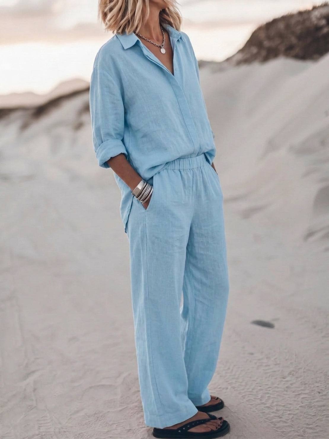 Woman wearing oversized 100% cotton shirt and wide-leg pants co-ord set, relaxed fit, breathable fabric