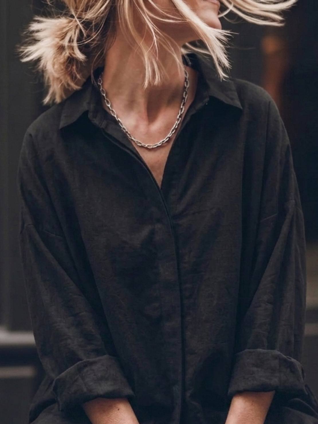 Model wearing an oversized 100% cotton shirt and wide-leg pants co-ord set in a relaxed, breathable fit